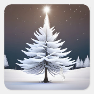 Frostiger Weihnachtsbaum mit Wintersonne Quadratischer Aufkleber
