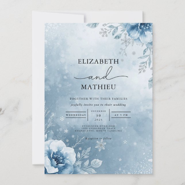 Frosty Azure Floral Wedding Einladung (Vorderseite)