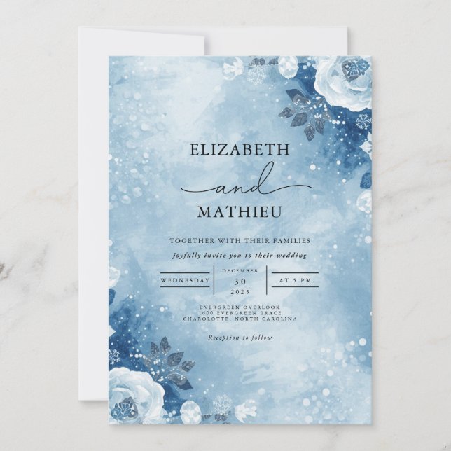 Frosty Blue Bloom Winter Wedding Einladung (Vorderseite)