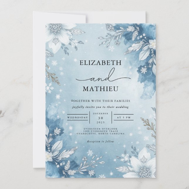 Frosty Blue Blossom Wedding Einladung (Vorderseite)