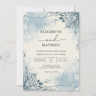 Frosty Blue Botanical Winter Wedding Einladung