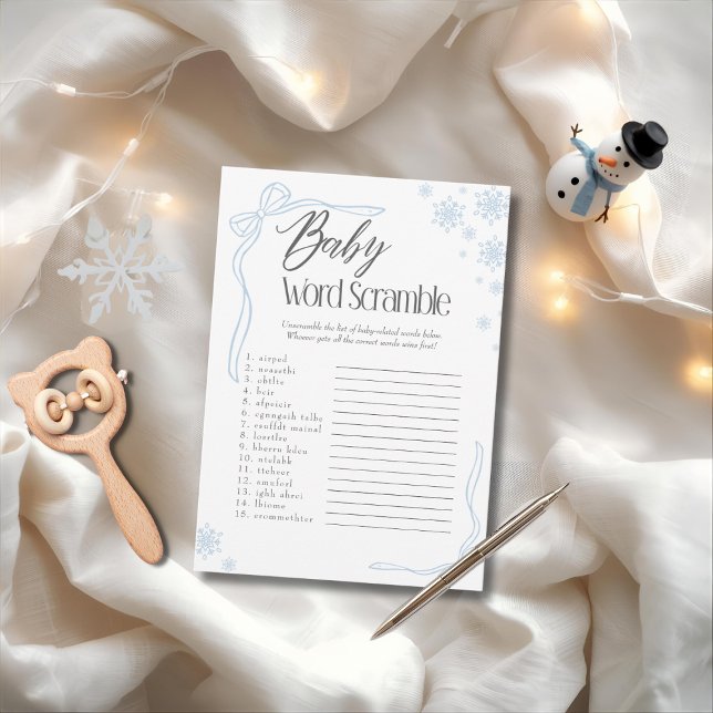 Frosty Blue Bow Baby Word Scramble Game Einladung (Frosty Blue Bow Baby Word Scramble Game)