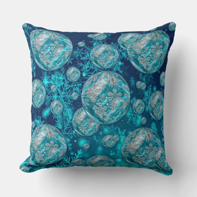 Frosty Blue Snowflake Bubbles Holiday Throw Kissen (Vorderseite)