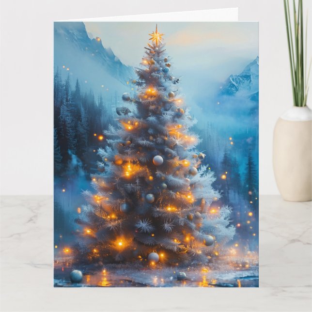 Frosty Blue und Gold Weihnachtsbaum Karte (Vorderseite)