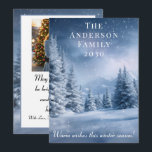 Frosty Blue Winter Landscape Holiday Christmas Feiertagskarte<br><div class="desc">Capture the magic of the season with this stunning, customizable holiday card design. Set against a breathtaking backdrop of frost-covered pine trees and a starry midnight-blue sky, this template combines natural beauty with modern elegance. The layout features a dedicated space for a cherished family photo (shown on the left), allowing...</div>