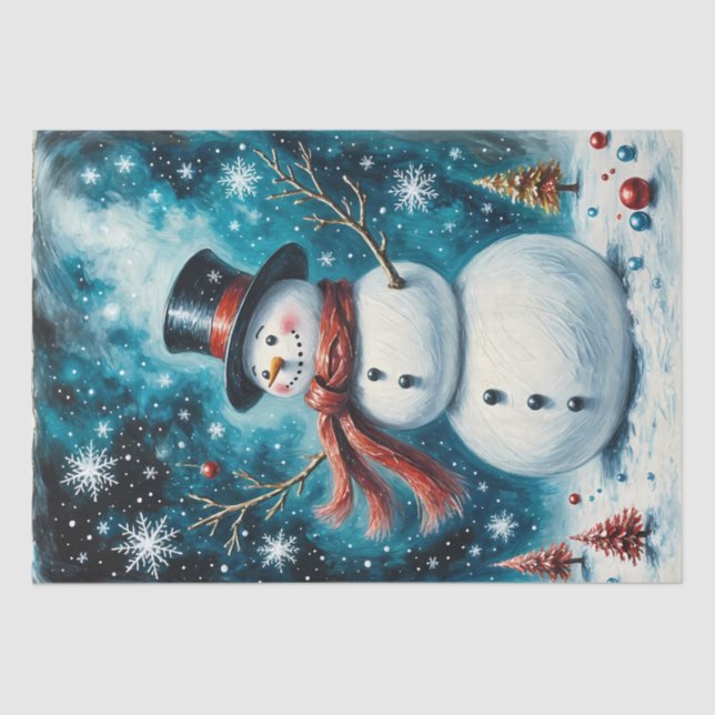 Frosty Night Snowman Whimsisches Weihnachtsdekoupa Seidenpapier (Vorderseite)