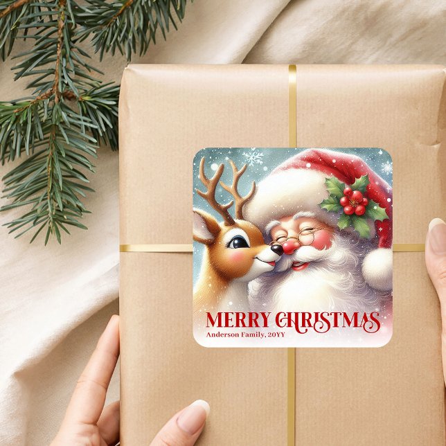 Frosty Personalized Santa and Rudolph Holiday Kids Quadratischer Aufkleber (Frosty Personalized Santa and Rudolph Holiday Sticker)