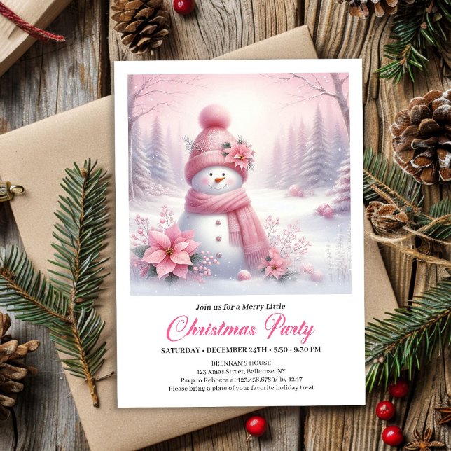 Frosty Pink Coquette Snowman Digital Christmas  Einladung (Frosty Pink Coquette Snowman Digital Christmas Kids Invite)