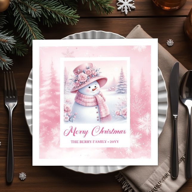 Frosty Pink Snowman Napkins Pinkmas Winter Scene Serviette (Frosty Pink Snowman Napkins Pinkmas Winter Scene)