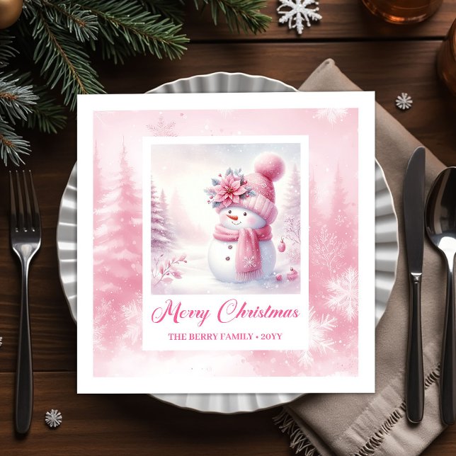 Frosty Pink Snowman Winter Scene Christmas Napkins Serviette (Frosty Pink Snowman Winter Scene Christmas Napkins Kids)