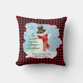 Frosty Snowman Winter Christmas Red Black Kariert Kissen