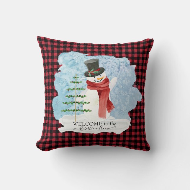 Frosty Snowman Winter Christmas Red Black Kariert Kissen (Vorderseite)