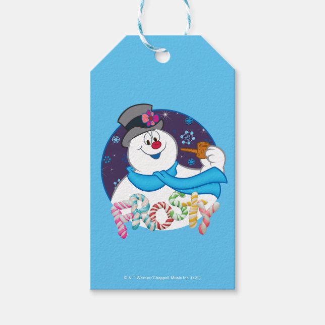 Frosty the Snowman™ | Farbige Candy Cane Name Geschenkanhänger (Vorderseite)