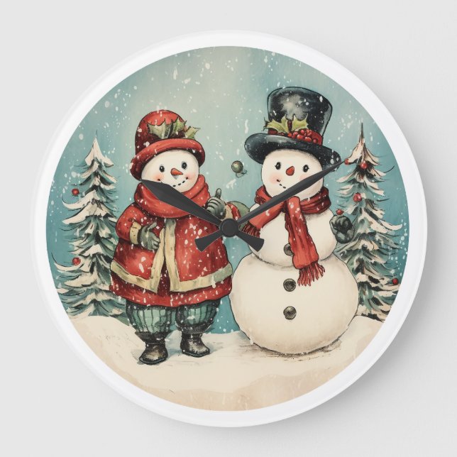 Frosty Time - Vintager Schneemann Weihnachten Große Wanduhr (Vorderseite)