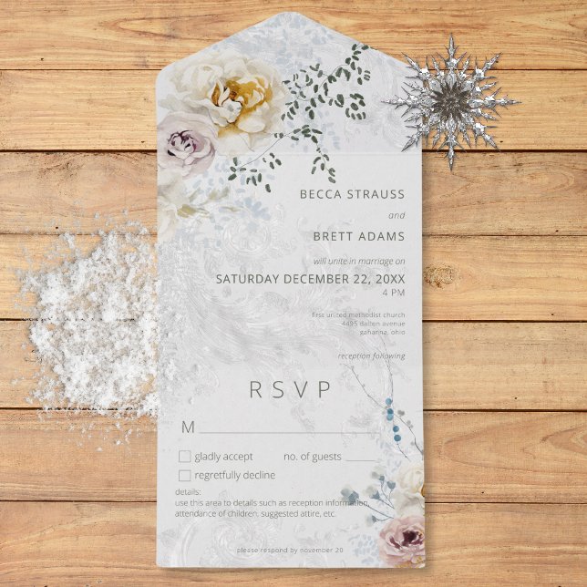 Frosty Winter Pastor Floral Moderne Details All In One Einladung (Frosty Winter Pastel Floral Modern Details All In One Invitation)