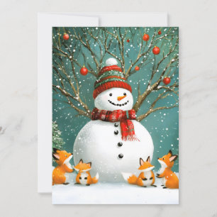 Frosty Winter Whimsical Snowman Fox Wonderland Feiertagskarte
