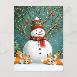 Frosty Winter Whimsical Snowman Fox Wonderland Feiertagspostkarte
