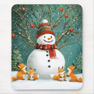 Frosty Winter Whimsical Snowman Fox Wonderland Mousepad