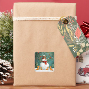 Frosty Winter Whimsical Snowman Fox Wonderland Quadratischer Aufkleber