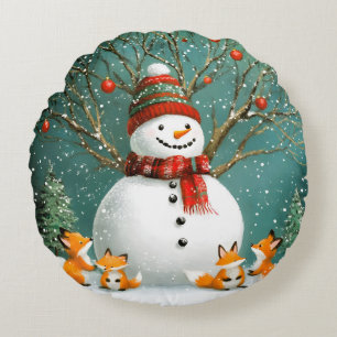 Frosty Winter Whimsical Snowman Fox Wonderland Rundes Kissen