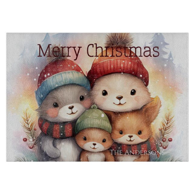 Frosty Woodland Family Merry Christmas Glass Schneidebrett (Vorderseite)