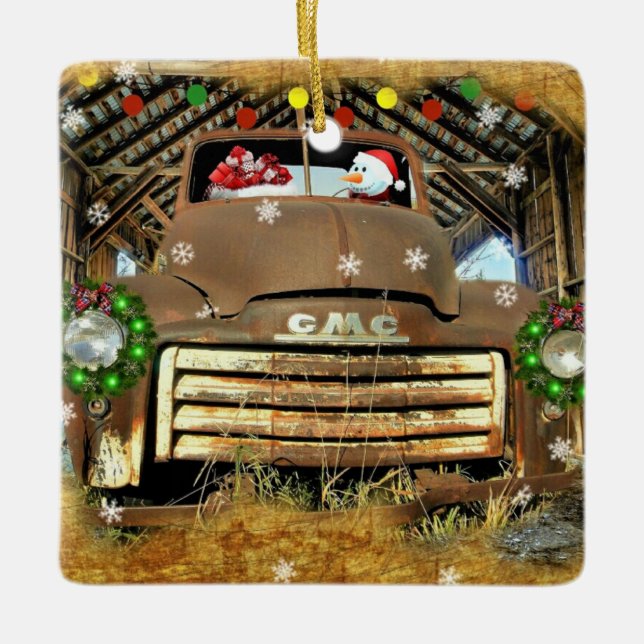 Frosty's Vintager GMC Truck Weihnachtslauf Keramikornament (Vorderseite)
