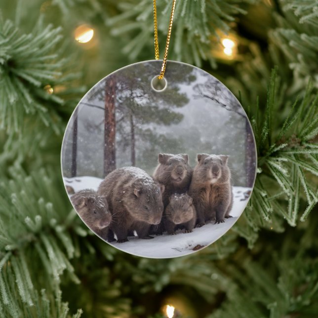 Frozen Burrow: Australian Wombat Family Keramik Ornament (Baum)
