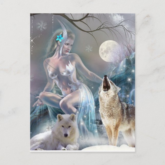 Frozen in Time Winter Girl and Wolves Postkarte (Vorderseite)