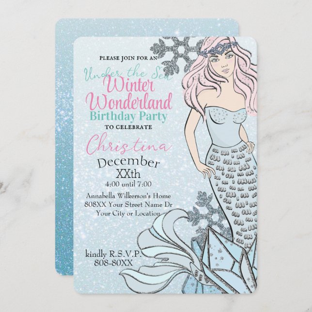 Frozen Mermaid Princess Winter Theme Party Einladung (Vorne/Hinten)