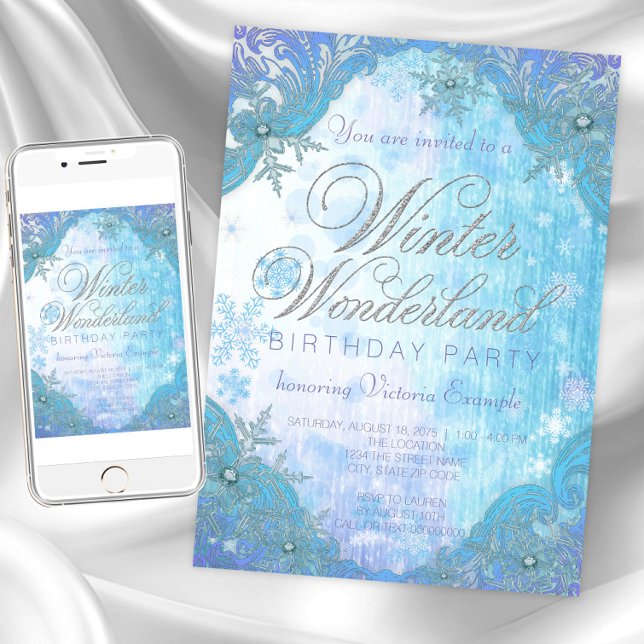 Frozen Snowflake Winter Wonderland Geburtstagspart Einladung (Winter wonderland invitation any occasion. Instant download and printed invitations available.)
