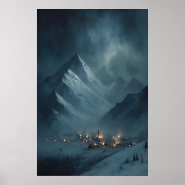 Frozen Snowy Mountain Village Under Snowy Twilight Poster (Vorne)