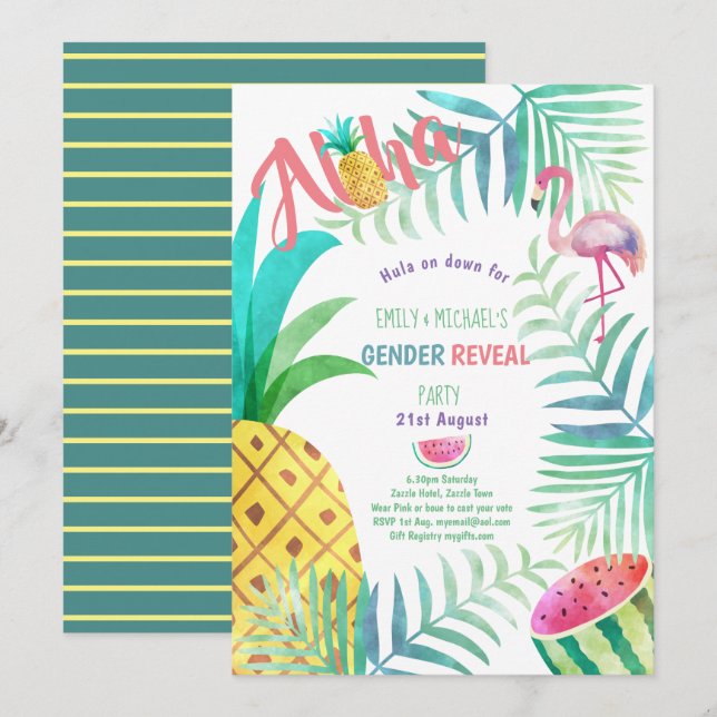 Frucht Tropical GENDER REVEAL Einladungen Flamingo (Vorne/Hinten)