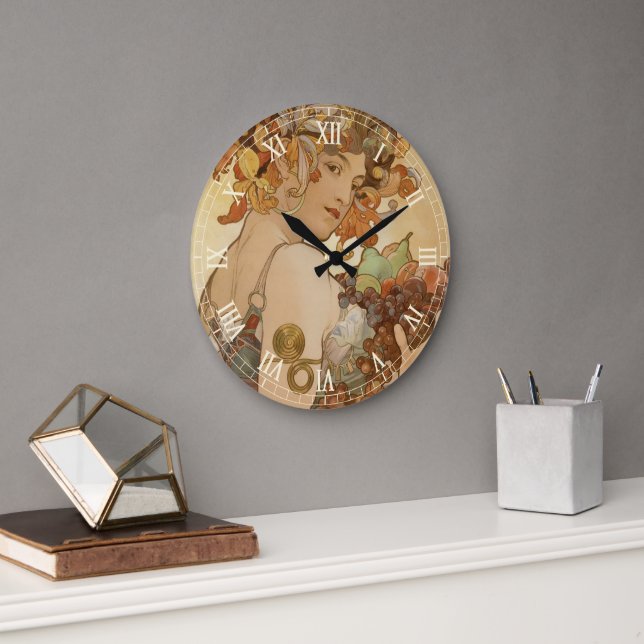 Frucht von Alphonse Mucha, Vintager Jugendstil Große Wanduhr (Büro)