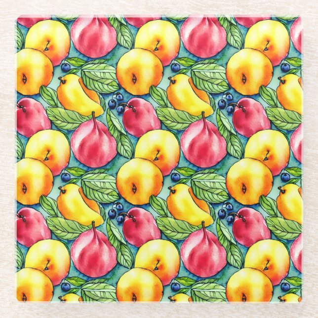 Fruchtapfel Birne Sommerwasserfarbe Muster Glasuntersetzer (Vorderseite)