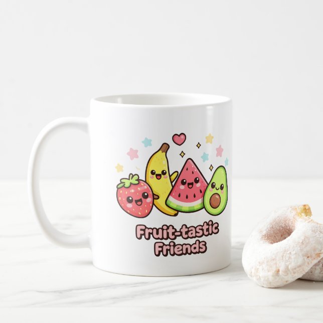 Früchtchen Freunde – Süßes Kawaii Frucht Design Kaffeetasse (Mit Donut)