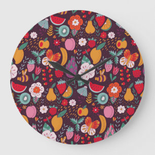 Fruchtdoodles, handgezeichnet Sommerdekoration. Große Wanduhr