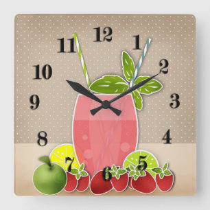Früchte-Cocktail Erdbeere Apfel Zitrone Limette Re Quadratische Wanduhr