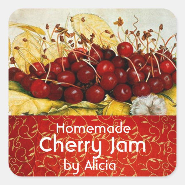 FRÜCHTE DER SAISON, CHERRY JAM Preserve Jar Quadratischer Aufkleber (Vorderseite)