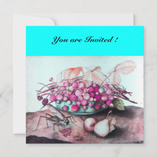 FRÜCHTE DER SAISON / ERDBEEREN UND BIRNEN Blau ros Einladung