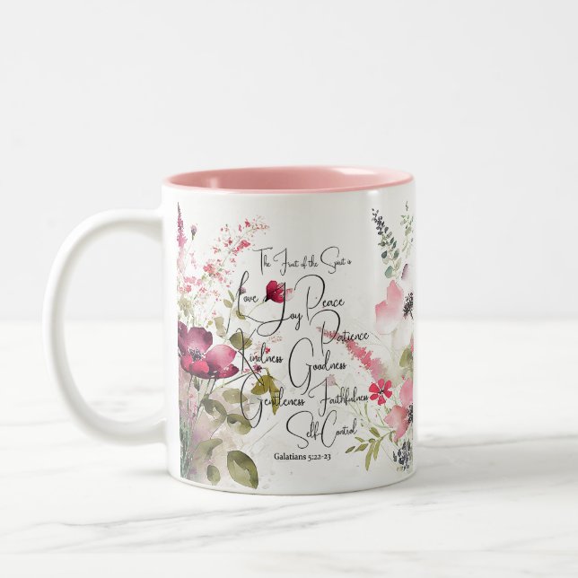Früchte des Geistes, rosa Blüte Zweifarbige Tasse (Links)
