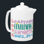 Früchte des Geistes Teapot<br><div class="desc">Ein hübscher Typografie-Design-Teekessel mit der Liste der Früchte des Heiligen Geistes aus Galationen 5:22-23 in sanften Farben mit Schmetterlingen und Blumendetails. Matching Tasse verfügbar!</div>