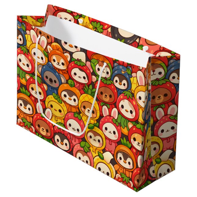 Früchte-Freunde-Parade | Süße Tier Chibi Große Geschenktüte (Vorderseite Schrägansicht)