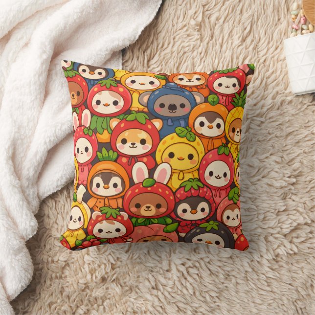 Früchte-Freunde-Parade | Süße Tier Chibi Kissen (Decke)
