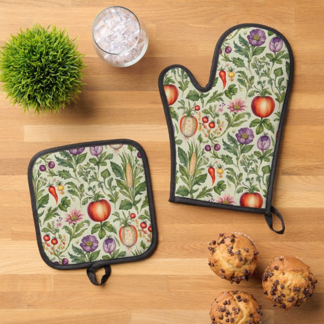 Früchte, Gemüse, Blumen  Ofenhandschuh & Topflappen-Set (Oben Unten)
