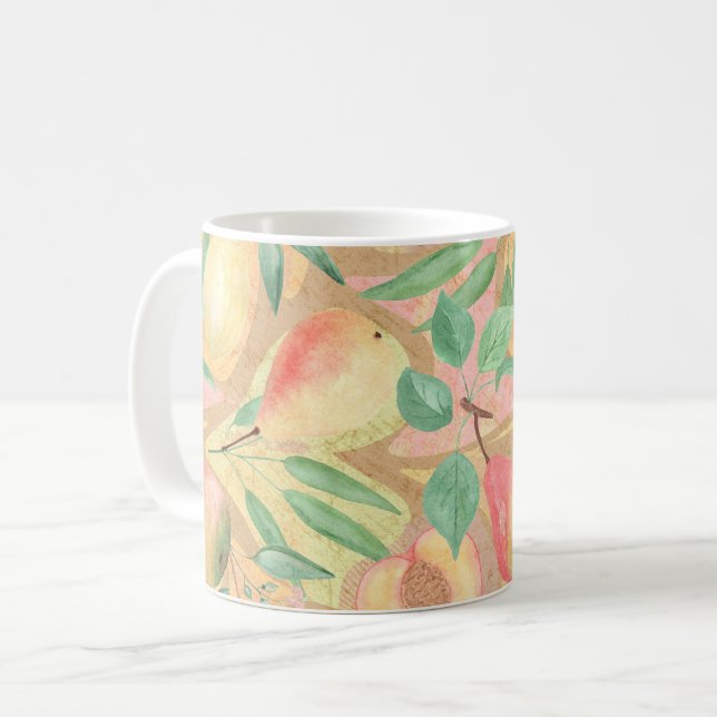 Früchte, Pfirsiche, Birnen, Zitronen, Aquarell Kaffeetasse (Vorderseite Links)