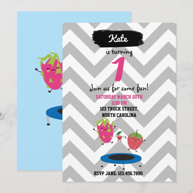 Früchte springen auf Trampolin zum Geburtstag Einl Einladung (Vorne/Hinten)