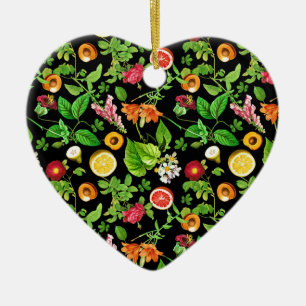 Früchte und Blätter Muster auf Schwarz Keramik Ornament