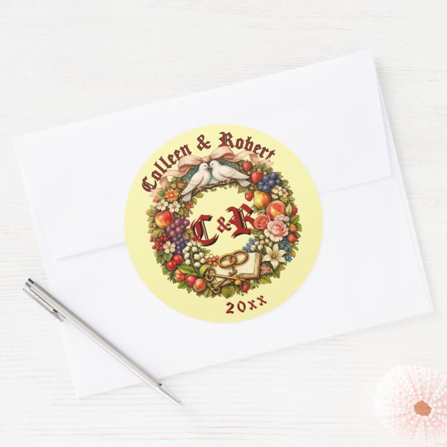 Früchte- und Blumen-Hochzeitskranz Runder Aufkleber (Umschlag)