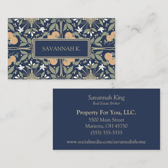 Früchte und Blumen Midnightblau  Visitenkarte (Vorne/Hinten)