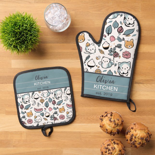 Früchte und Katzen Ofenhandschuh & Topflappen-Set (Oben Unten)
